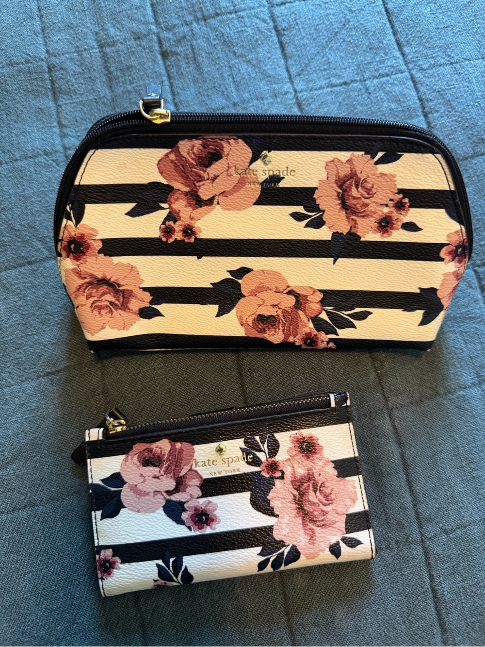 kate spade Black & White Stripe Floral Cosmetic Pouch and Card Case Set